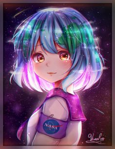 an anime character with blue hair and green eyes, wearing a purple outfit in space