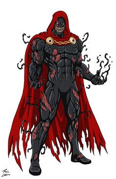 a drawing of a man in a red cape and black suit with flames coming out of his chest