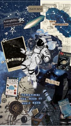 collage of space related items including books, magazines and other things in the sky