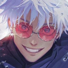 an anime character with white hair and red glasses smiles at the camera while wearing sunglasses