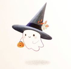 a drawing of a ghost wearing a witches hat and holding a carrot in her hand