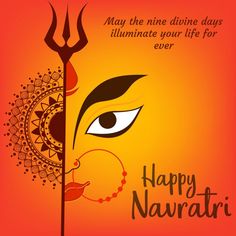 happy navrathri greeting card with eyes and an artistic design on the front