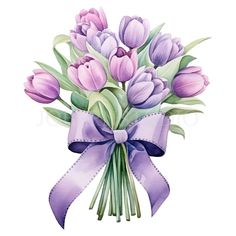 a bouquet of tulips tied with a purple ribbon