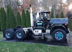 a large semi truck parked on top of a driveway next to green grass and trees