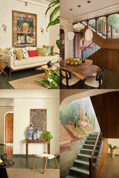 there are four pictures of different rooms in this house with stairs and paintings on the walls