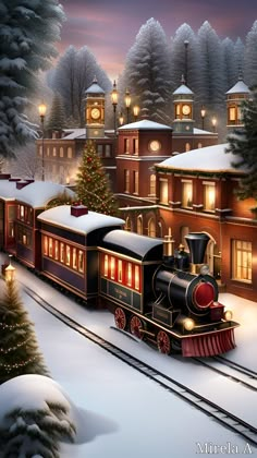 a painting of a train on the tracks in front of a snowy town at night