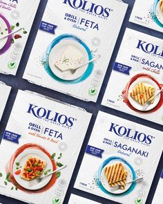 six packets of kolos garnished with cheese and sauces on them are displayed