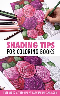 coloring books for adults with flowers and leaves on the pages, text reads shading tips for