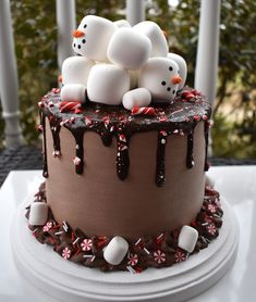 a chocolate cake decorated with marshmallows and candy canes