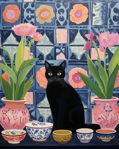 a painting of a black cat sitting in front of vases with flowers on them