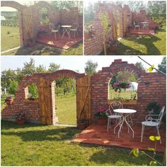 several pictures of an outdoor area with tables and chairs in the grass, one is made out of bricks