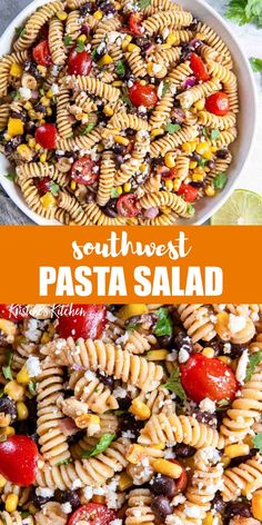 southwest pasta salad with tomatoes, corn and feta cheese in a white bowl on top