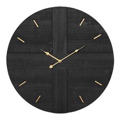 a black clock with gold hands on a white background