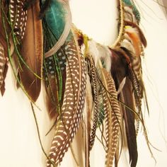 there are many feathers hanging on the wall and one is brown, white and green