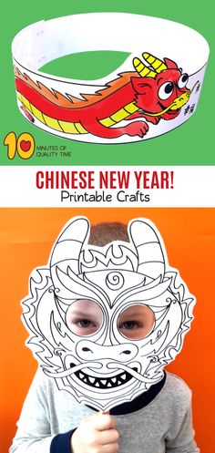 a young boy holding up a paper mask with the words chinese new year on it