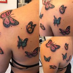 three different pictures of butterflies on the back of a woman's shoulder and chest