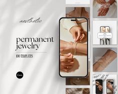 an advertisement for a jewelry store with hands holding bracelets and the words permanent jewelry on it