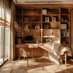 a living room filled with lots of furniture and bookshelves next to a window