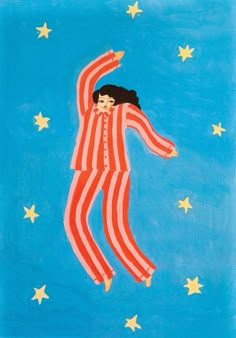 a painting of a person in red and white striped pajamas flying through the sky with stars