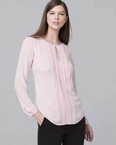 Pintucked Blouse #elegant#pointelle#keyhole Chiffon Kurta, Rectangle Body Shape, Petite Business Casual, Strapless Lace Dress, Tailored Dresses, Business Casual Dresses