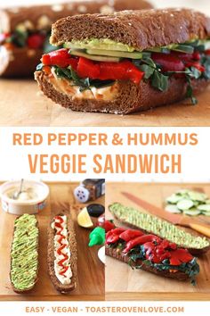 the sandwich is made with red pepper and hummus, veggies, and lettuce