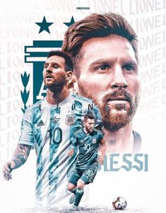 two soccer players are in front of a poster with the words messi on it