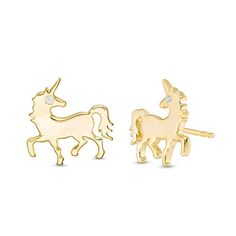 With a flashing eye, these sparkling unicorn stud earrings strike a spirited pose. Crafted in sterling silver with 14K gold plate, each prancing cutout features a diamond-accent solitaire eye. Buffed to a brilliant luster, these post earrings secure comfortably with friction backs. Unicorn Earrings, Dangler Earrings, Peoples Jewellers, Dog Necklace, Gold Plated Earrings, Sterling Silver Earrings Studs, Diamond Stone, Designer Earrings, Post Earrings