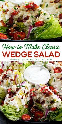 Learn How to Make Classic Wedge Salad for a timeless dish that’s always a hit! Crisp iceberg lettuce wedges are drizzled with creamy homemade blue cheese dressing, then topped with crispy bacon crumbles, juicy cherry tomatoes, and thinly sliced red onion. A delicious salad for your lunch recipe ideas! Classic Wedge Salad, Homemade Blue Cheese Dressing, Lettuce Wedge, Homemade Blue Cheese, Lunch Recipe Ideas, Refreshing Salads, Wedge Salad, Blue Cheese Dressing, Salads Recipes