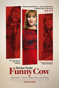 a movie poster for the film funny cow with two women in red dresses and microphone