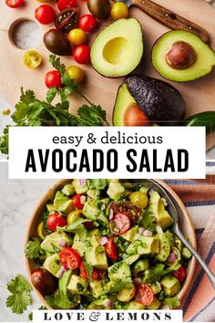 avocado salad in a bowl with the title overlay that reads easy and delicious