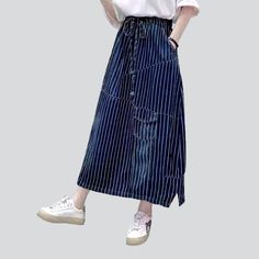 Be the envy of everyone in the 2023 Spring-Summer Collection with this stylish long denim skirt! With its distinctive vertical stripes and high-waisted fit. this skirt is sure to make a statement. Featuring a drawstrings closure. it's the perfect combination of comfort and flair. Whether you're headed to a music festival or a laid-back day out with friends. this skirt will become the crowning jewel of your outfit!Key Highlights: Street Style: This skirt is the perfect blend of contemporary fashi Cotton Long Skirt With Drawstring, Relaxed Striped Skirt For Spring, High Waist Striped Summer Skirt, High Waist Striped Skirt For Summer, Summer High Waist Striped Skirt, Casual Striped Cotton Skirt, Casual Striped Skirt, Casual High Waist Striped Skirt, Striped Cotton Relaxed Skirt