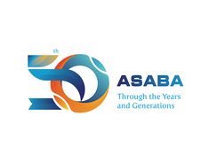 the logo for asaba through the years and generations, with an arrow in the center