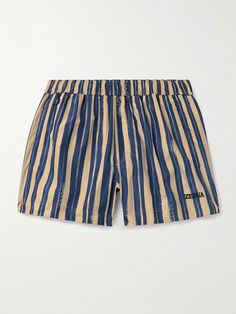 ZEGNA's swim shorts are patterned with blue stripes reminiscent of paintbrush strokes. Made in Italy from quick-drying shell, they're embroidered with the logo near the hem and detailed with a signature 'Zegna 232 Road Brand Mark' along the back of the elasticated waistband. Mens Swim Shorts, Shorts For Men, Printed Swim, Suede Jacket, Formal Shirts, Mr Porter, Logo Embroidered, Swim Shorts, Blue Stripes