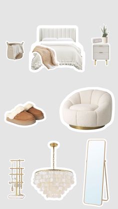 white furniture and accessories are arranged on a gray background, including a bed, chair, mirror, lamp, rug, table