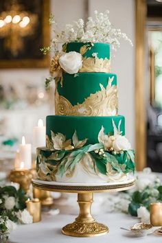 a green and gold wedding cake sitting on top of a table next to white flowers