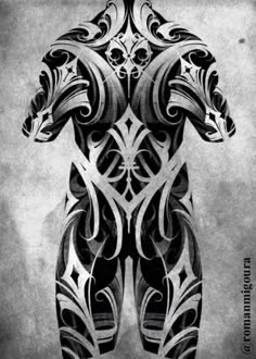 an artistic tattoo design on the back of a man's body