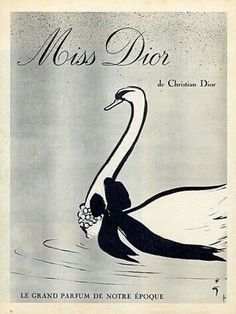 an advertisement for the movie miss dior, with a swan holding flowers in its beak