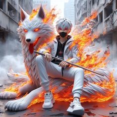 a man sitting on top of a fire filled ground next to a white wolf statue