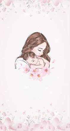 a woman holding a baby in her arms with pink flowers on the bottom and white background