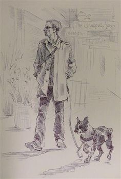 a drawing of a man walking his dog