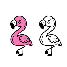 two pink flamingos standing next to each other on top of a white background,