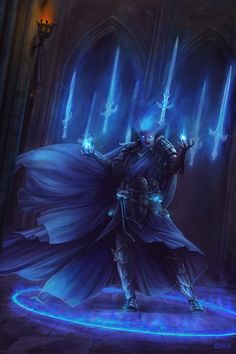 a man with blue hair holding two swords in front of a gothic - like building