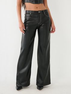 LEILA FAUX LEATHER HIGH RISE WIDE LEG JEAN Pewter Hardware, High Rise Wide Leg Jeans, Wide Leg Pant, Jeans Brands, True Religion, Fabric Care, Wide Leg Pants, Vegan Leather, Wide Leg