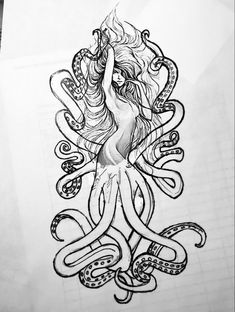 a drawing of a woman with an octopus on her back