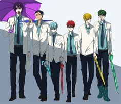 an anime group with umbrellas standing next to each other