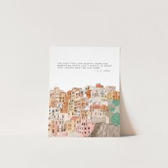 a card with an illustration of a city on it