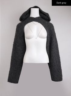 hooded-long-sleeve-bolero-shrug-ij411 / Dark gray Sleeve Shrug Outfit, Trendy Gray Hoodie Outerwear, Trendy Stretch Sweater With Drawstring Hood, Trendy Hooded Hoodie For Fall, Gray Hoodie Sweater For Streetwear, Gray Winter Streetwear Sweater, Gray Winter Streetwear Tops, Gray Stretch Hooded Sweatshirt, Gray Stretch Hoodie For Spring