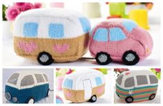 four different views of a toy camper with flowers in the back ground and on top