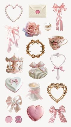 many different types of items are arranged in the shape of hearts and bows on white background