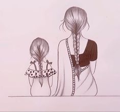 a drawing of two girls with braids in their hair looking at each other while the girl has her back to the camera